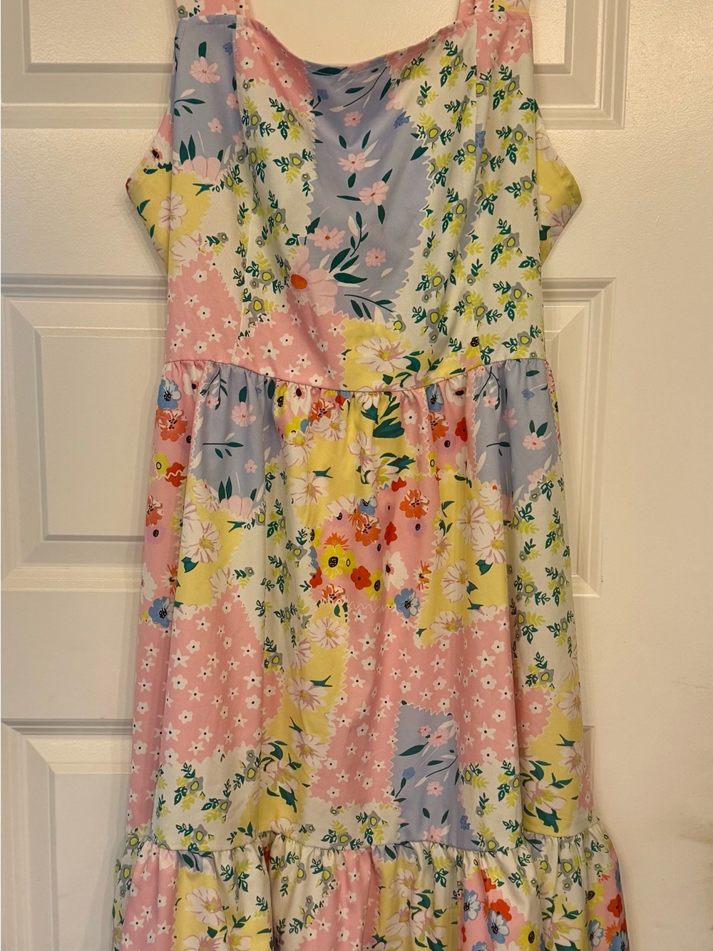 SHEIN Patchwork Floral Tiered Midi Dress - Pink, Yellow & Blue